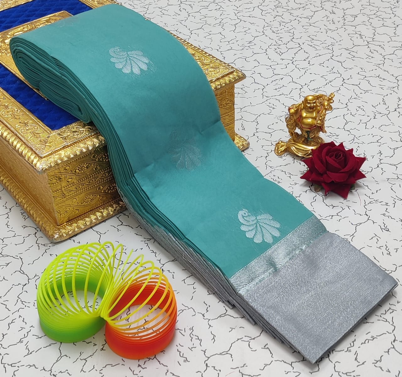 Silver Jari with Leaf Border and Mango Butta Work Cotton Silk  Saree